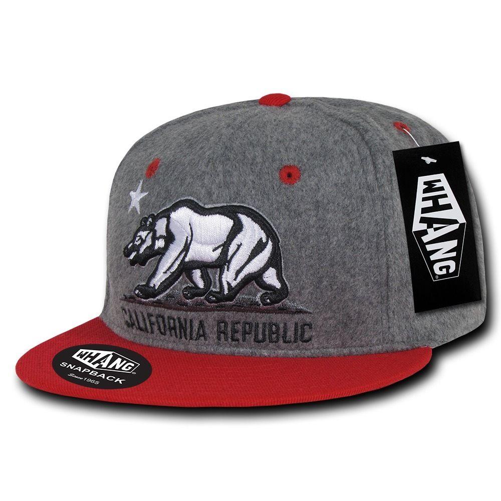 Whang Melton Cali Bear California Republic 6 Panel Snapback Hats Caps-Ash/Black-