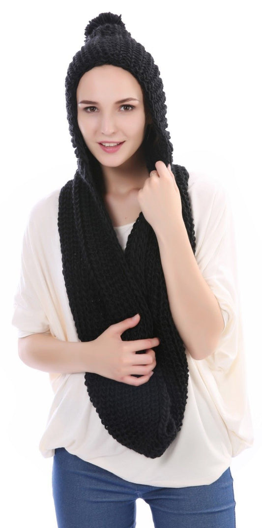 Women's Knitted Cozy Snood Scarf Scarves Cap Pull Up Hood Pom Infinity Loop Warm-