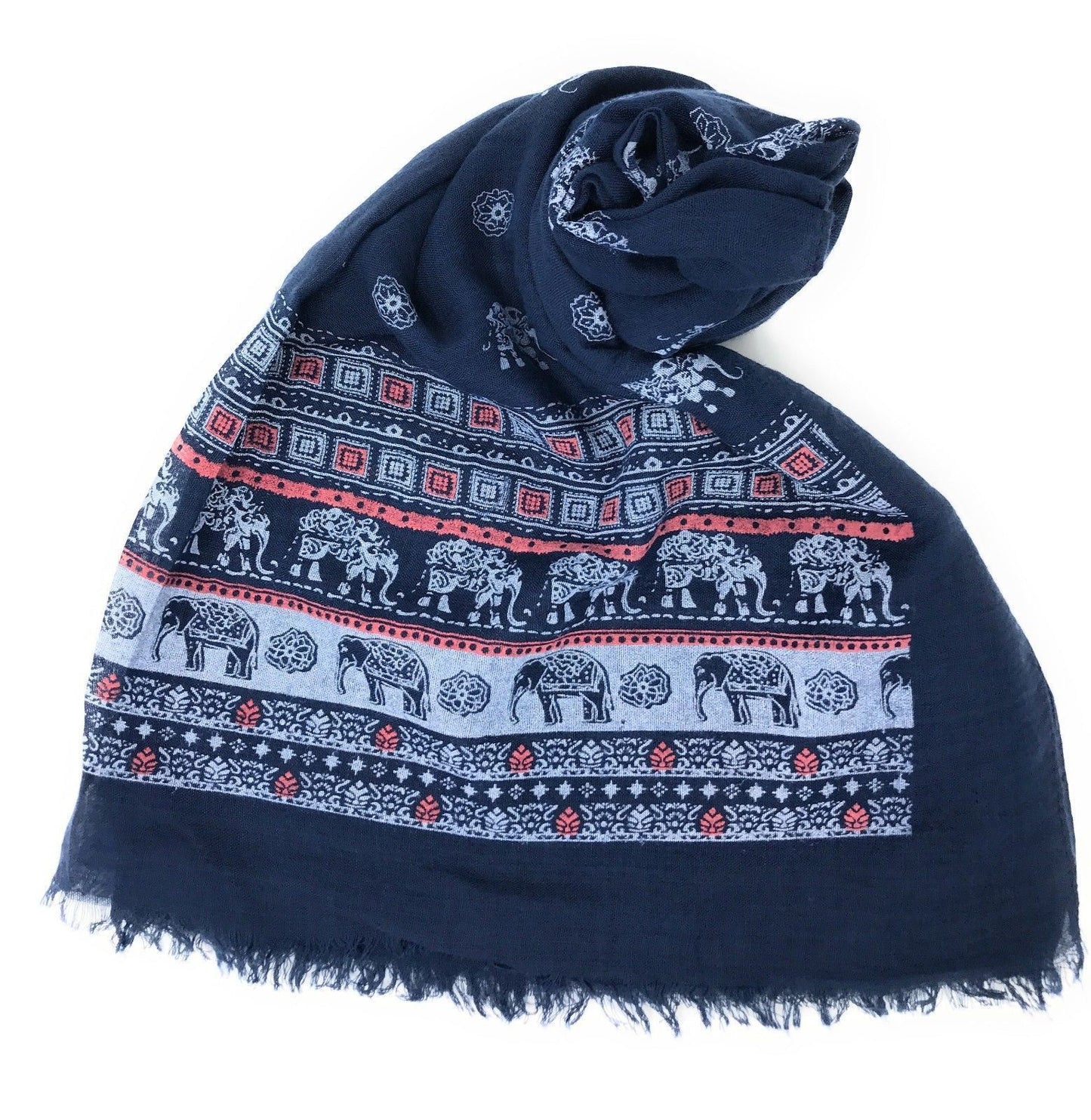 Casaba Women's Scarf Scarves Elephant Designs Indian Style-Navy-