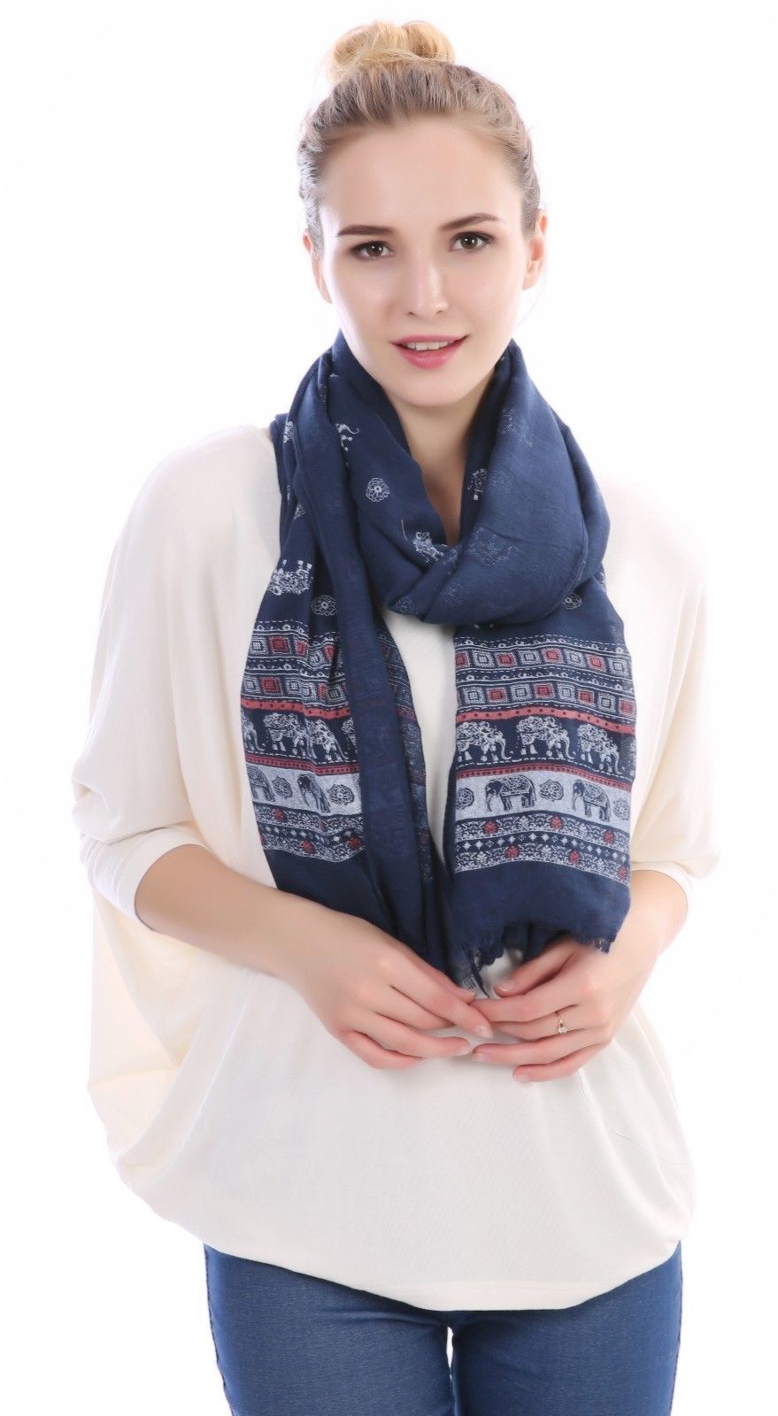 Casaba Women's Scarf Scarves Elephant Designs Indian Style-White-