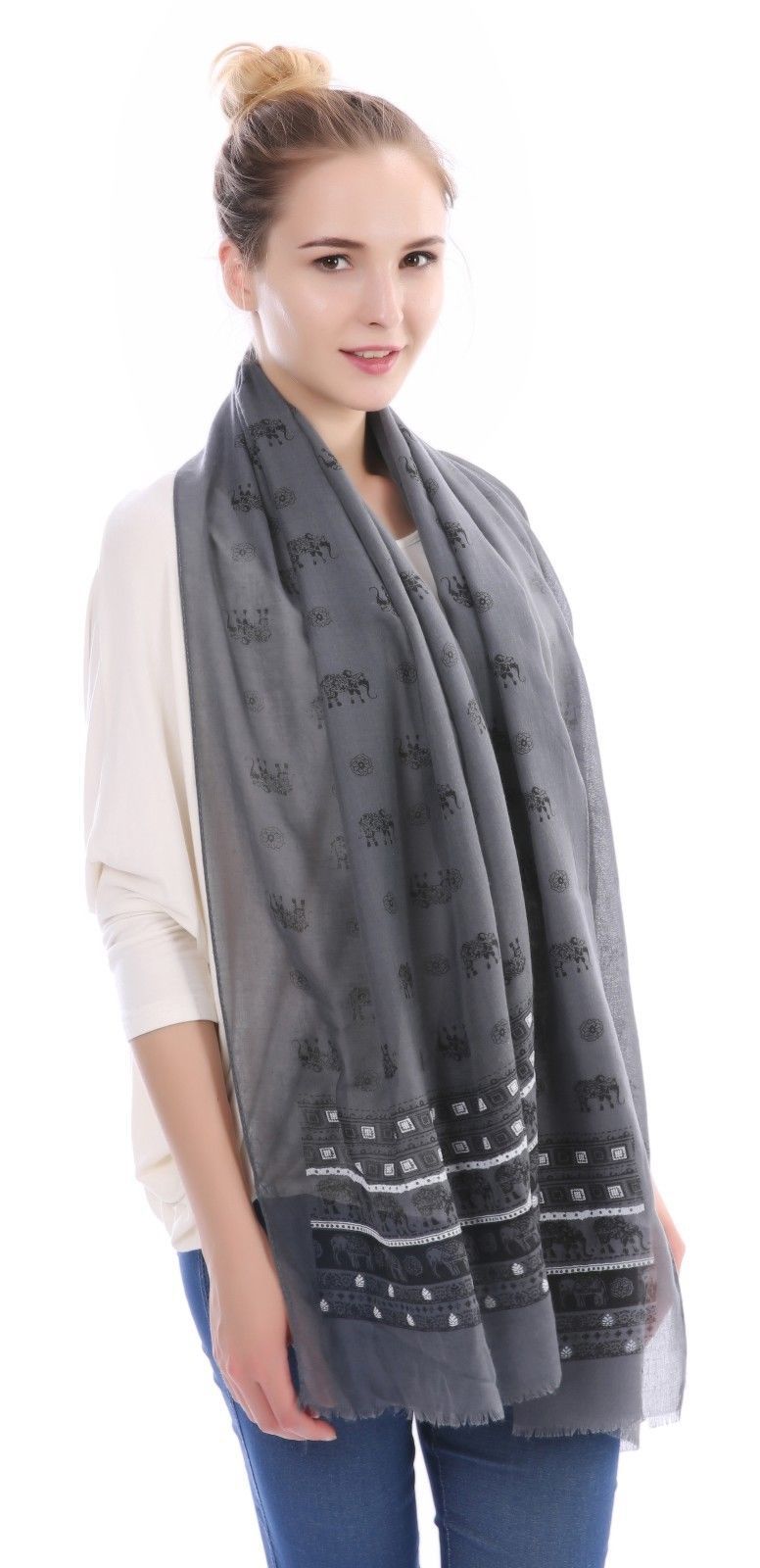 Casaba Women's Scarf Scarves Elephant Designs Indian Style-White-