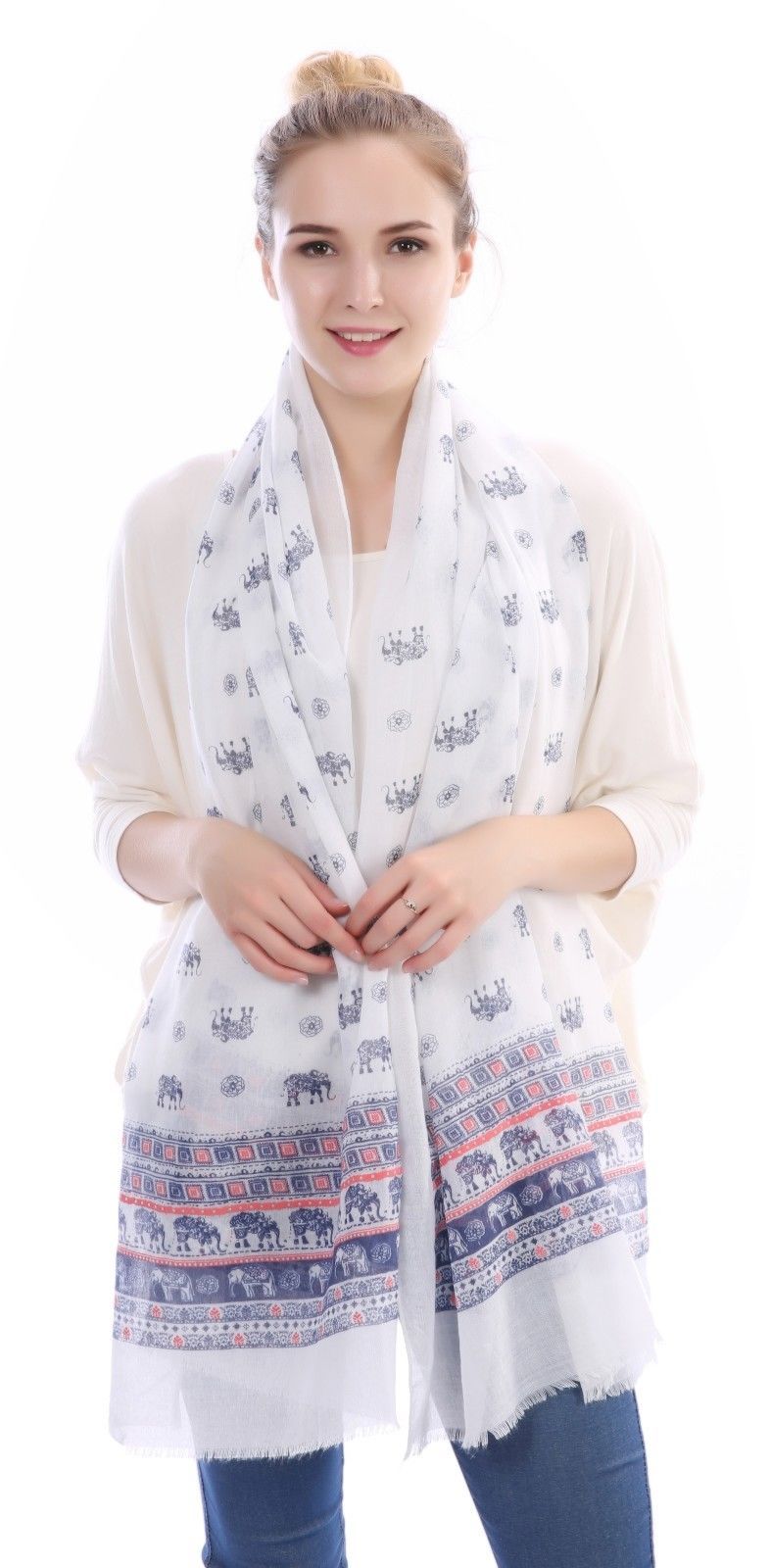 Casaba Women's Scarf Scarves Elephant Designs Indian Style-White-