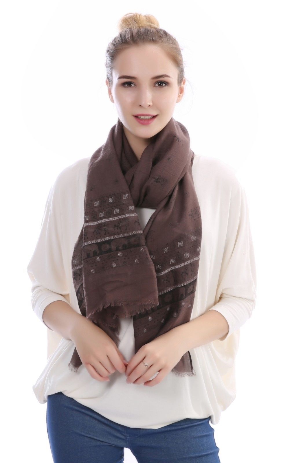 Casaba Women's Scarf Scarves Elephant Designs Indian Style-White-