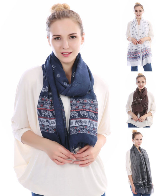 Casaba Women's Scarf Scarves Elephant Designs Indian Style-White-