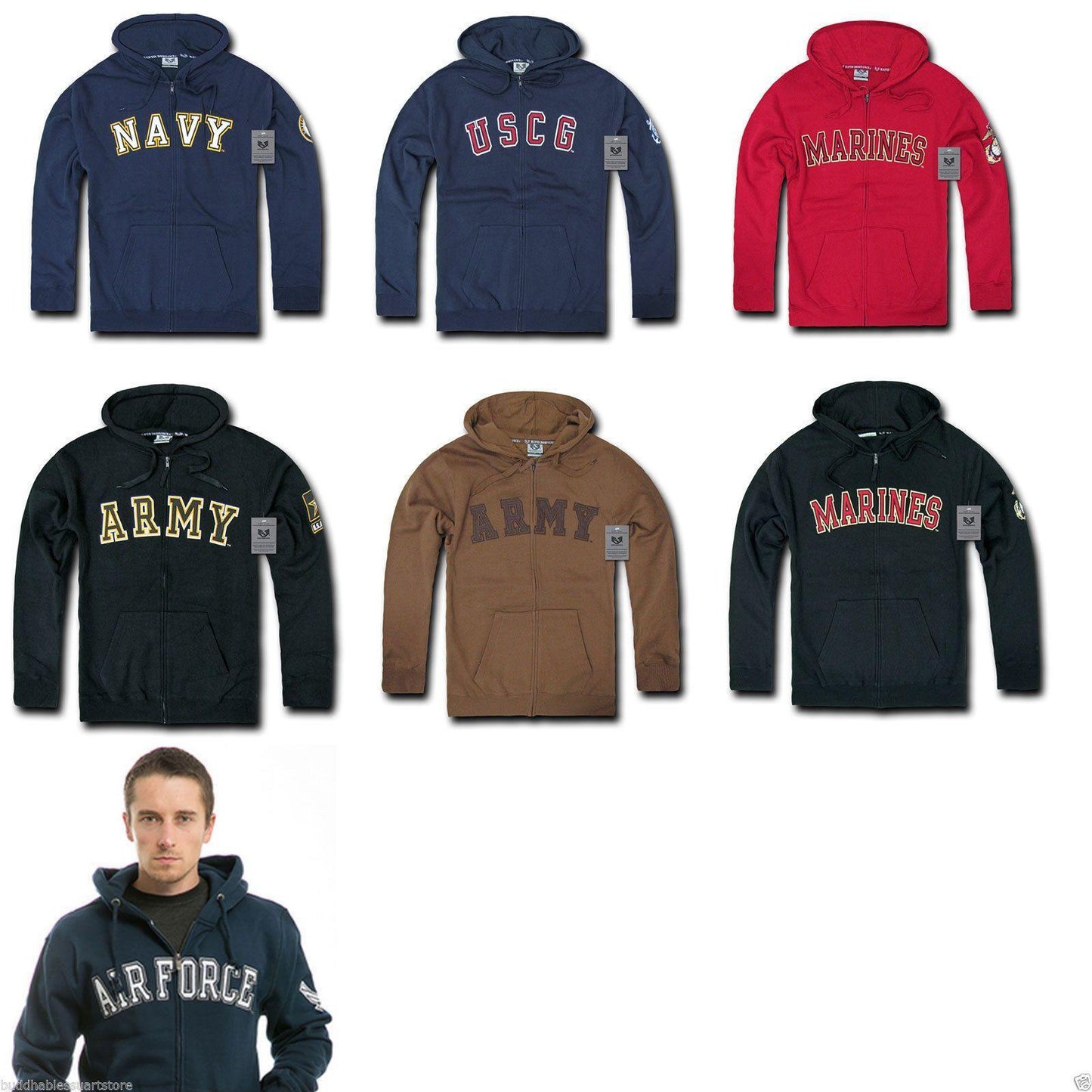 Zip Fleece Hoodie Sweatshirt Military Navy Air Force Army Coast Guard Marines-Army - Black-Regular-Small