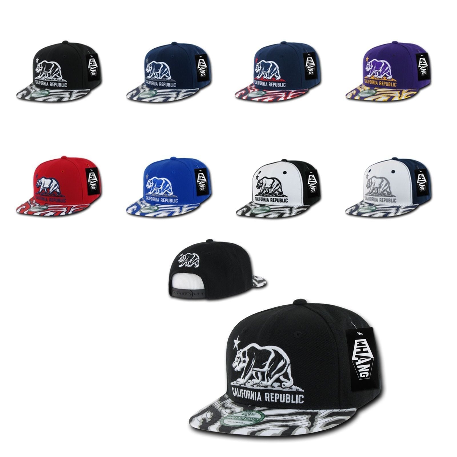 1 Dozen California Republic Bear Zebra Print Flat Bill Snapback Hats Wholesale Bulk-