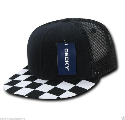 1 Dozen Decky 6 Panel Flat Bill Checkered Trucker Race Flag Hats Caps Wholesale Lots-