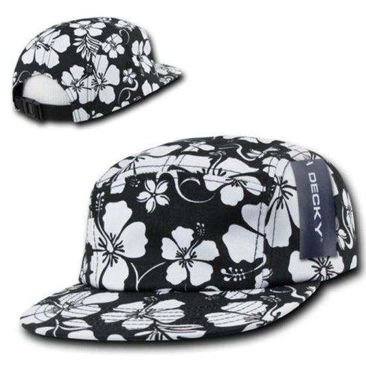 1 Dozen Decky Black & White Floral Hawaiian 5 Panel Cotton Racer Hats Wholesale-