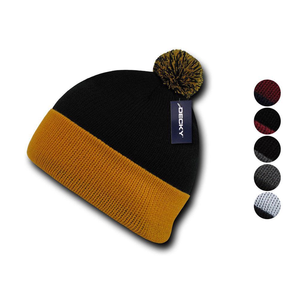 1 Dozen Decky Pom Pom Two Tone Beanies Long Cuffed Knitted Wholesale Lot-