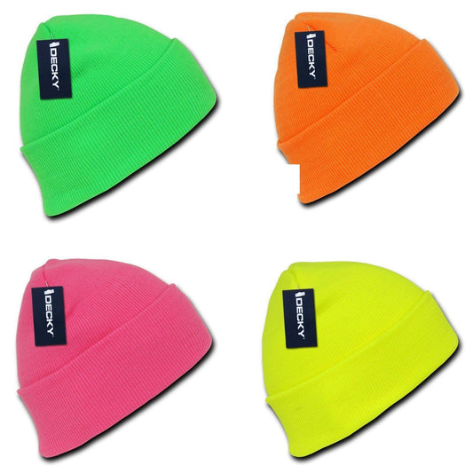 1 Dozen Neon Long Cuffed Beanies Knit Caps Hats Ski Skull Wholesale Lot-