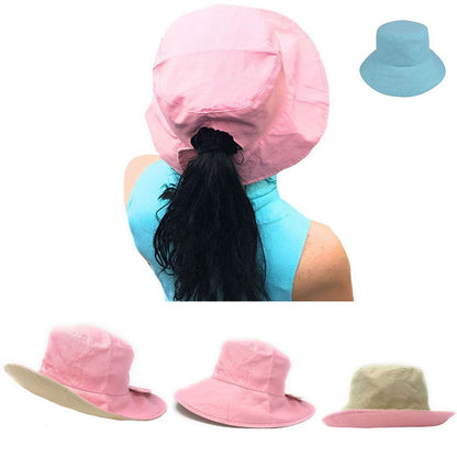 1 Dozen Ponytail Reversible Bucket Caps Hats Ramie Cotton Wholesale Bulk-LT.PINK/IVORY-
