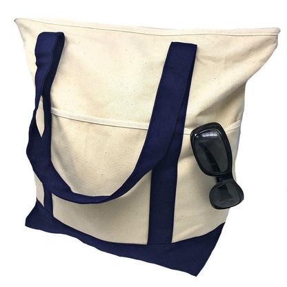 1 Dozen Large 20inch Grocery Shopping Beach Totes Bags Reusable Zippered Cotton Canvas Wholesale-ROYAL/NATURAL-