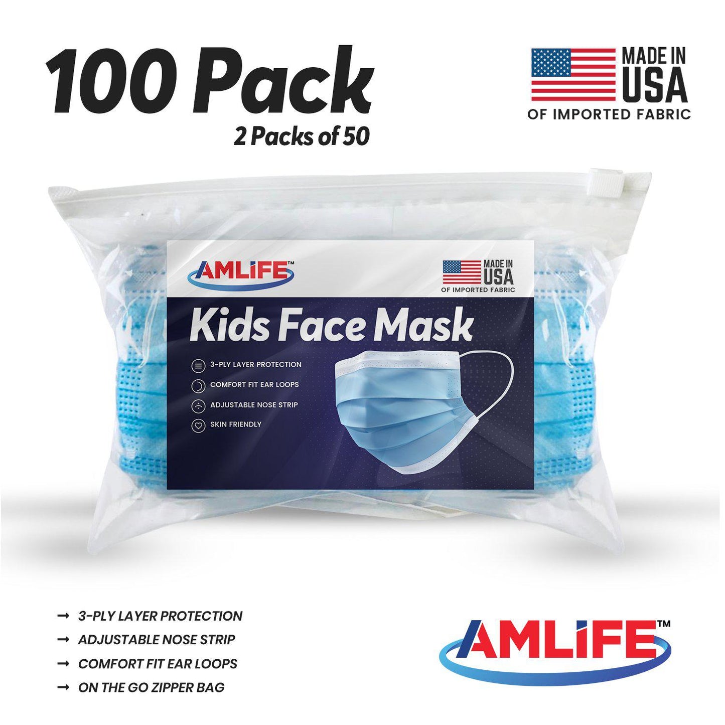 AMLIFE Kids Size Face Masks Youth Children Boys Girls Youth Mask Made in USA Imported Fabric-100 Pack-