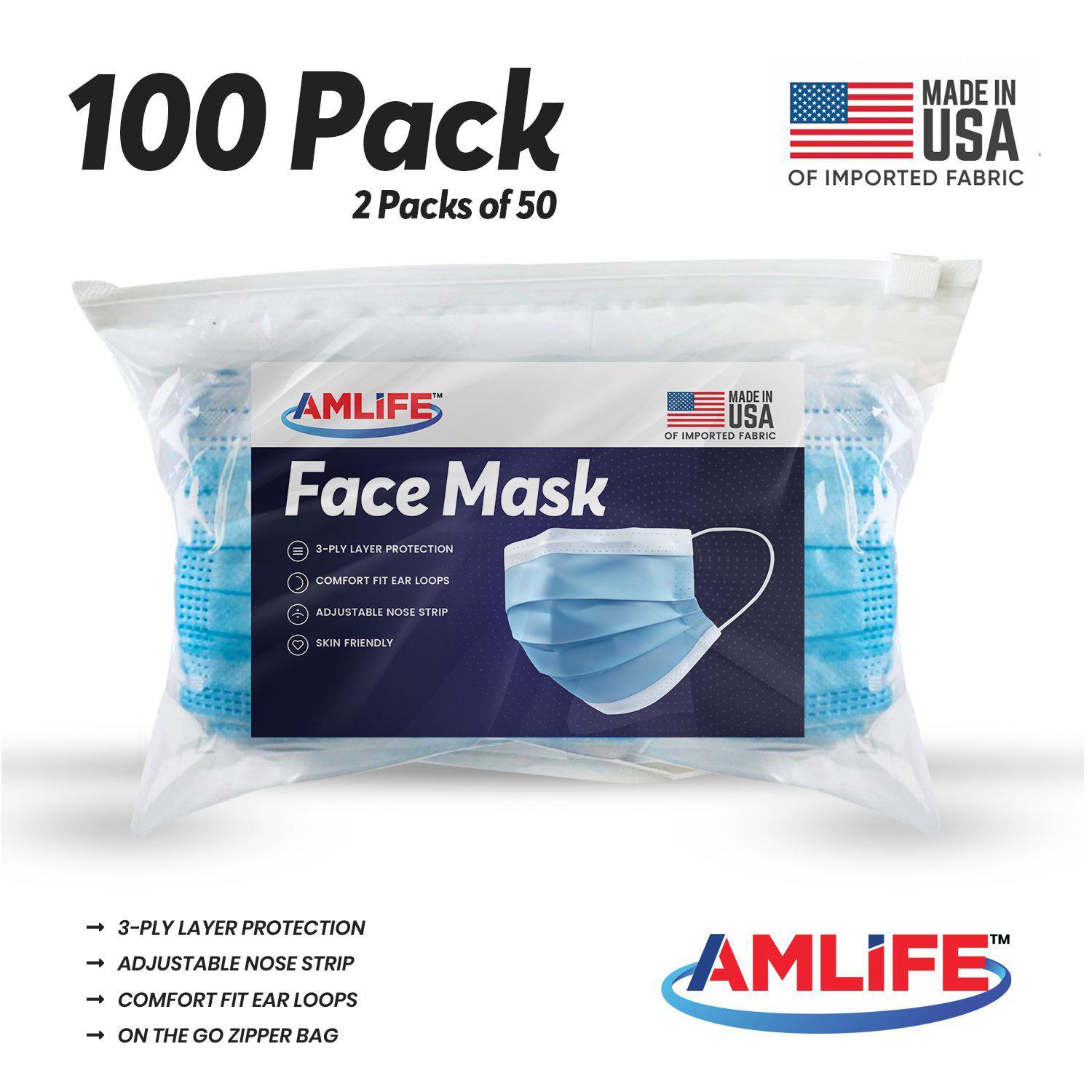 Amlife 100 Pack Face Mask Blue Made in USA Imported Fabric-