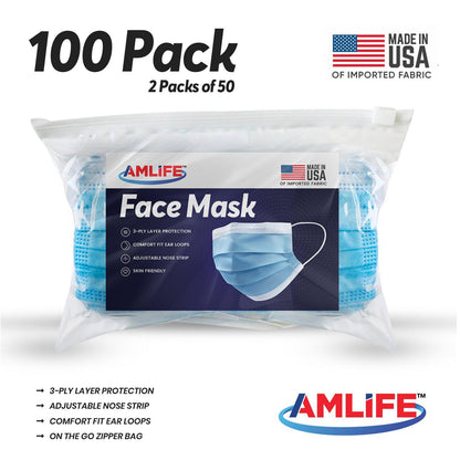Amlife 100 Pack Face Mask Blue Made in USA Imported Fabric-