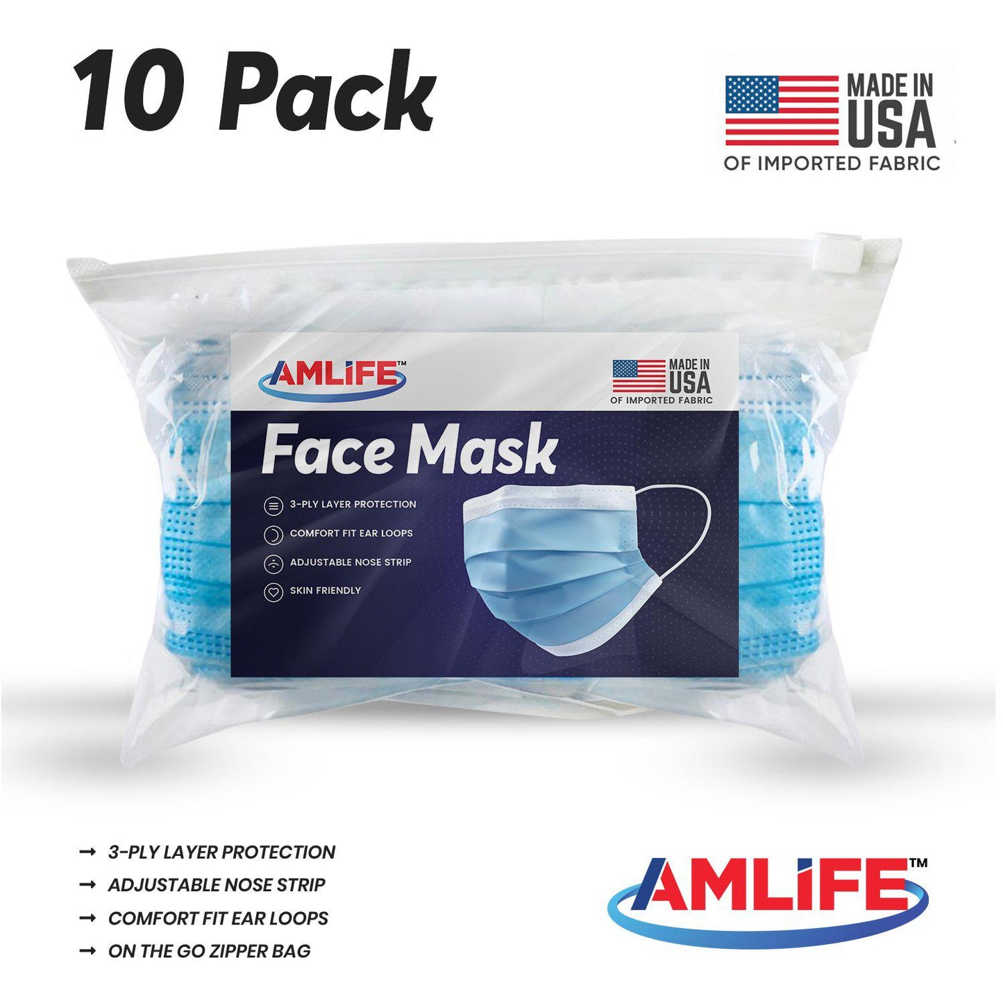 Amlife 5/10/20/50 Packs Face Mask Blue Made in USA Imported Fabric-10 Pack-