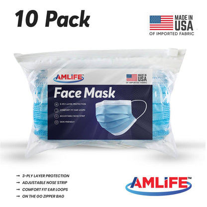 Amlife 5/10/20/50 Packs Face Mask Blue Made in USA Imported Fabric-10 Pack-