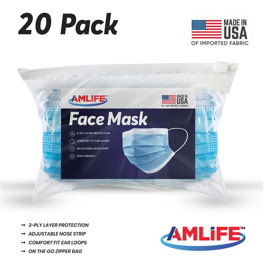 Amlife 20 Pack of Face Masks Blue Made in USA Imported Fabric-