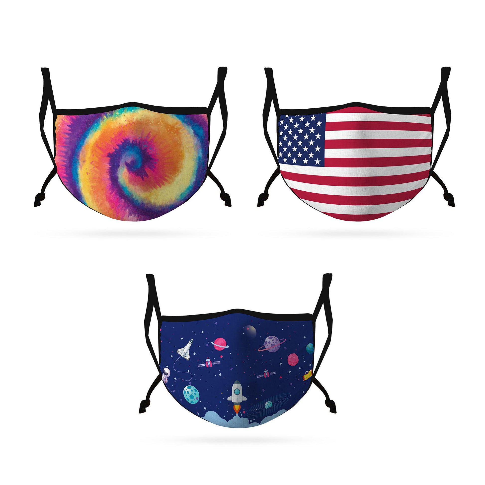 Cute Face Masks 3 / 5 Packs for Kids Child Adjustable Boys Girls Ages 3 to 9 Cotton Poly Washable Reusable 2 Layer Pocket Filter-Americana-3 Pack-