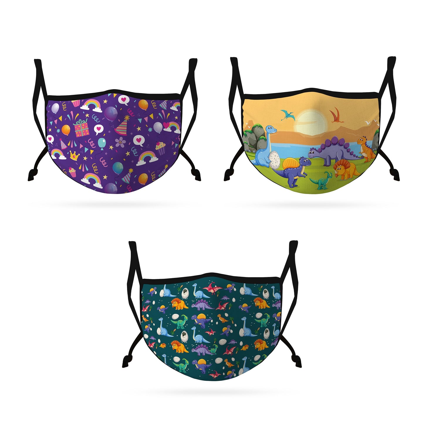 Cute Face Masks 3 / 5 Packs for Kids Child Adjustable Boys Girls Ages 3 to 9 Cotton Poly Washable Reusable 2 Layer Pocket Filter-Dino Party-3 Pack-