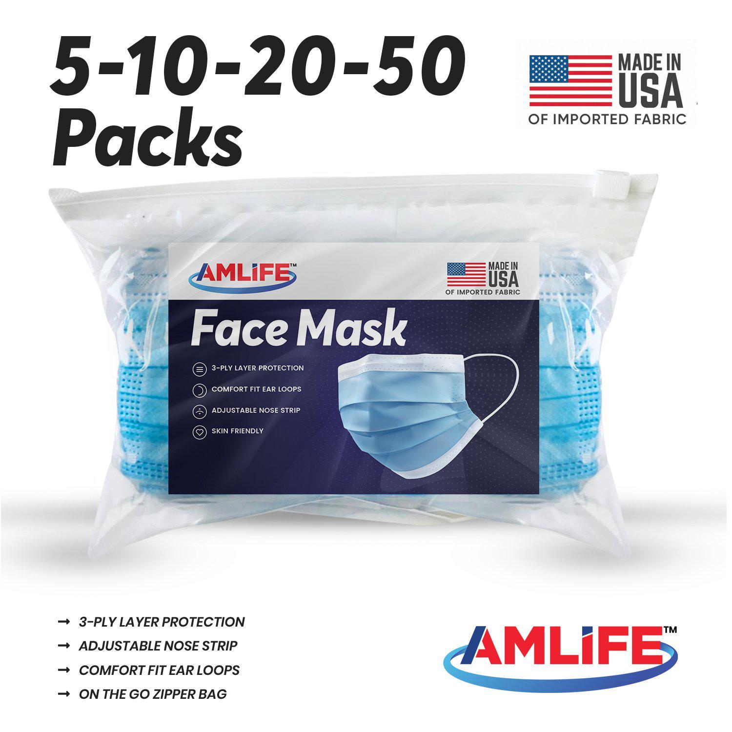 Amlife 5/10/20/50 Packs Face Mask Blue Made in USA Imported Fabric-5 Pack-