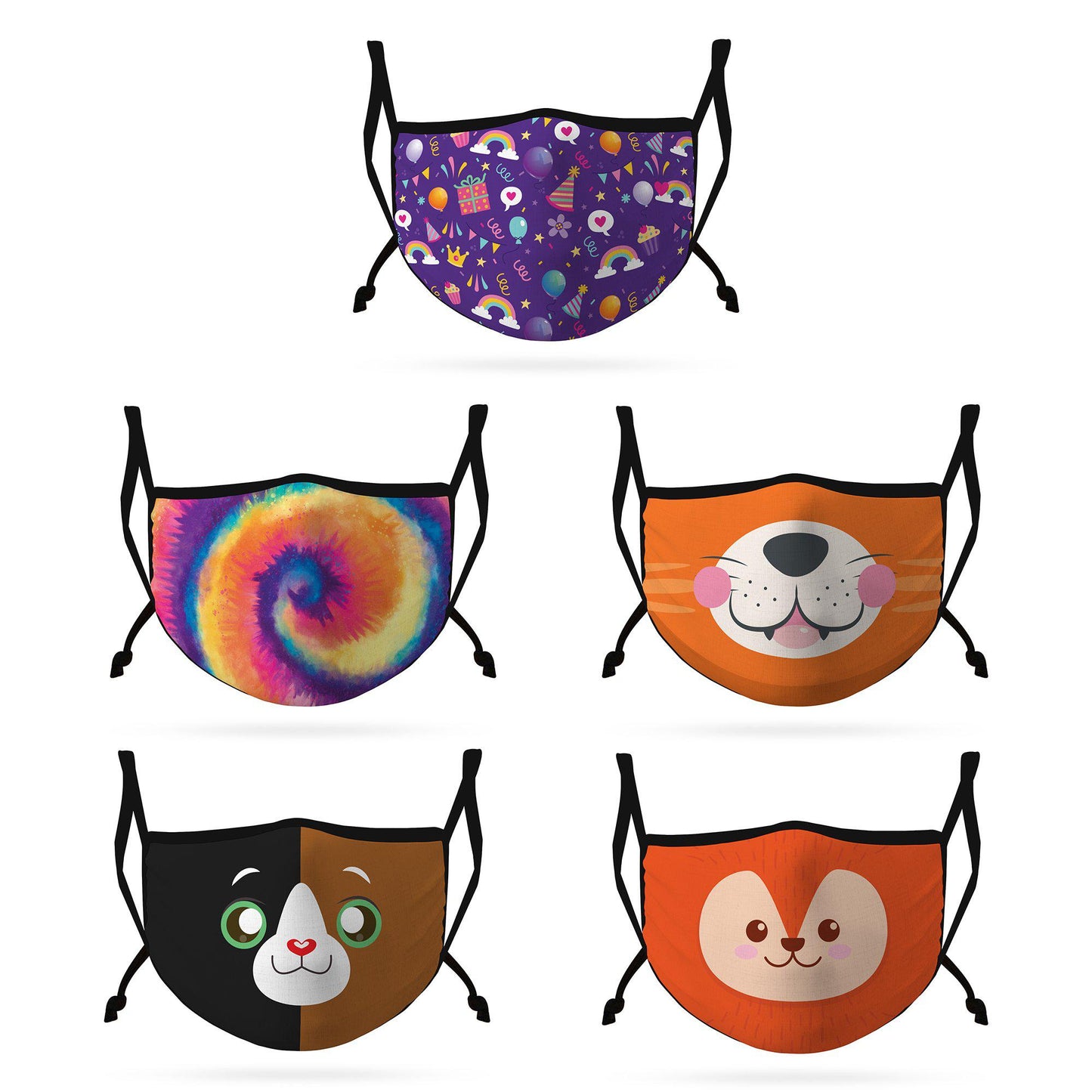 Cute Face Masks 3 / 5 Packs for Kids Child Adjustable Boys Girls Ages 3 to 9 Cotton Poly Washable Reusable 2 Layer Pocket Filter-Weekend-5 Pack-