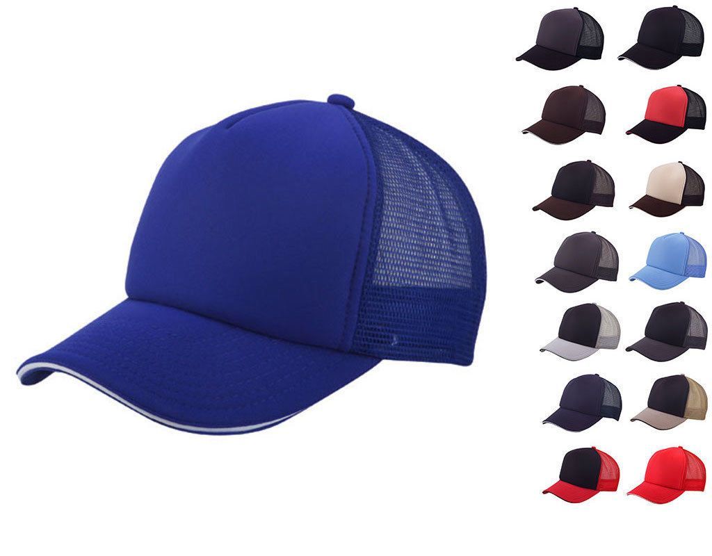 5 Panel Mesh Sandwich Bill Solid Two Tone Trucker Baseball Caps Hats No Sim-Black-