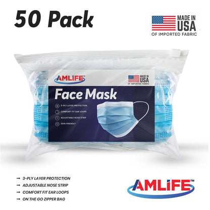 Amlife 5/10/20/50 Packs Face Mask Blue Made in USA Imported Fabric-50 Pack-
