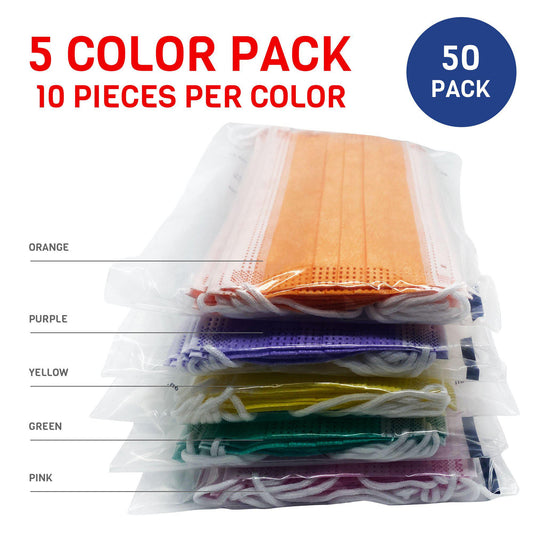 Casaba 50 Pack Multi-Color Disposable Face Masks 3-Ply - Made in USA with Imported Fabric-