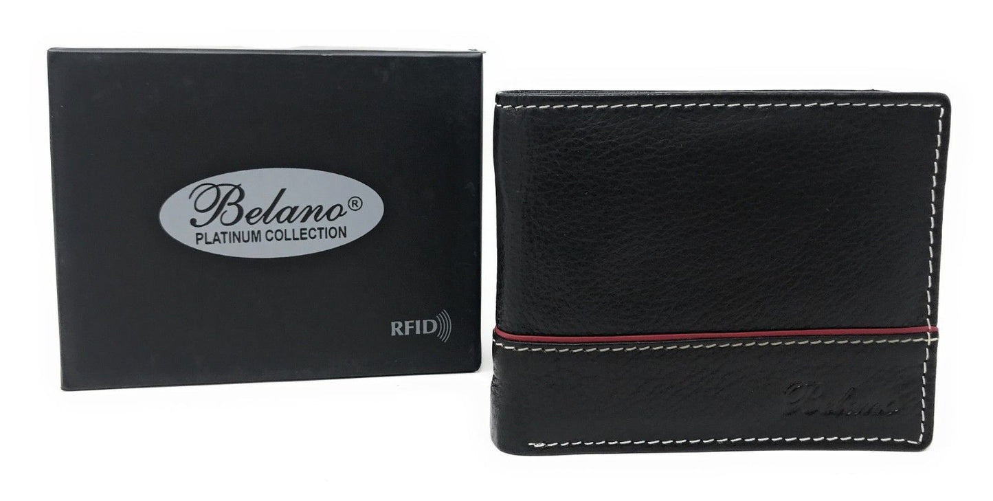 Belano RFID Blocking Real Leather Bifold Wallets for Cards ID with Box Men Women-Black - White Styled Trim-