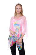 Casaba Womens Floral Sheer Poncho Top Kimono Cover Up-Chiffon Feel Light Wrap-Pink-