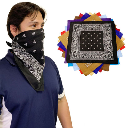 1 Dozen Paisley Printed Bandanas 100% Cotton Cloth Scarf Wrap Washable-Black-