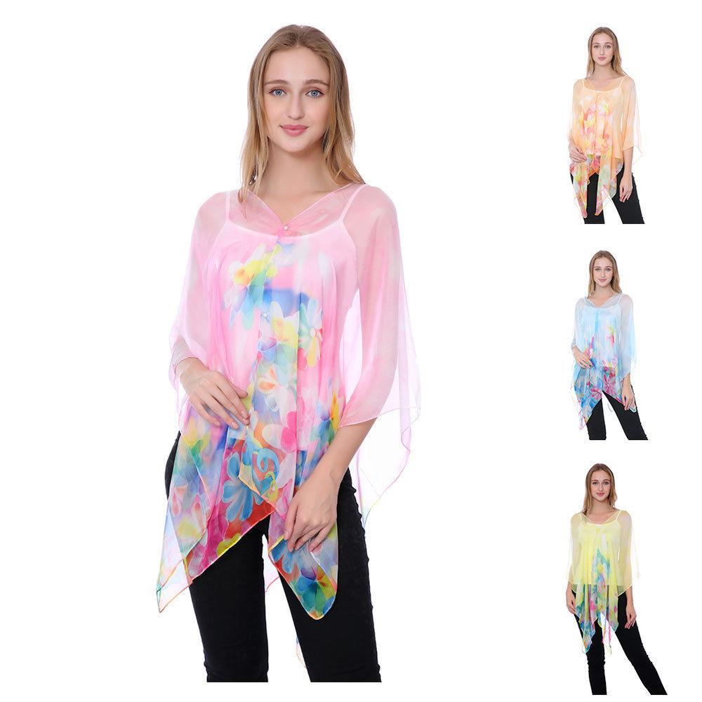 Casaba Womens Floral Sheer Poncho Top Kimono Cover Up-Chiffon Feel Light Wrap-Pink-