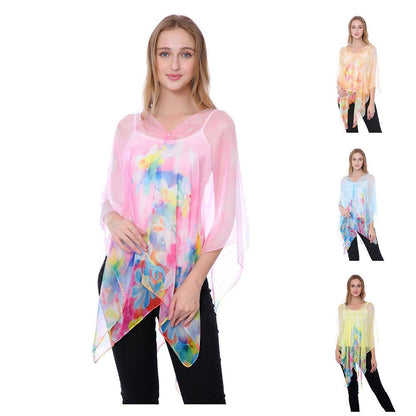 Casaba Womens Floral Sheer Poncho Top Kimono Cover Up-Chiffon Feel Light Wrap-Pink-