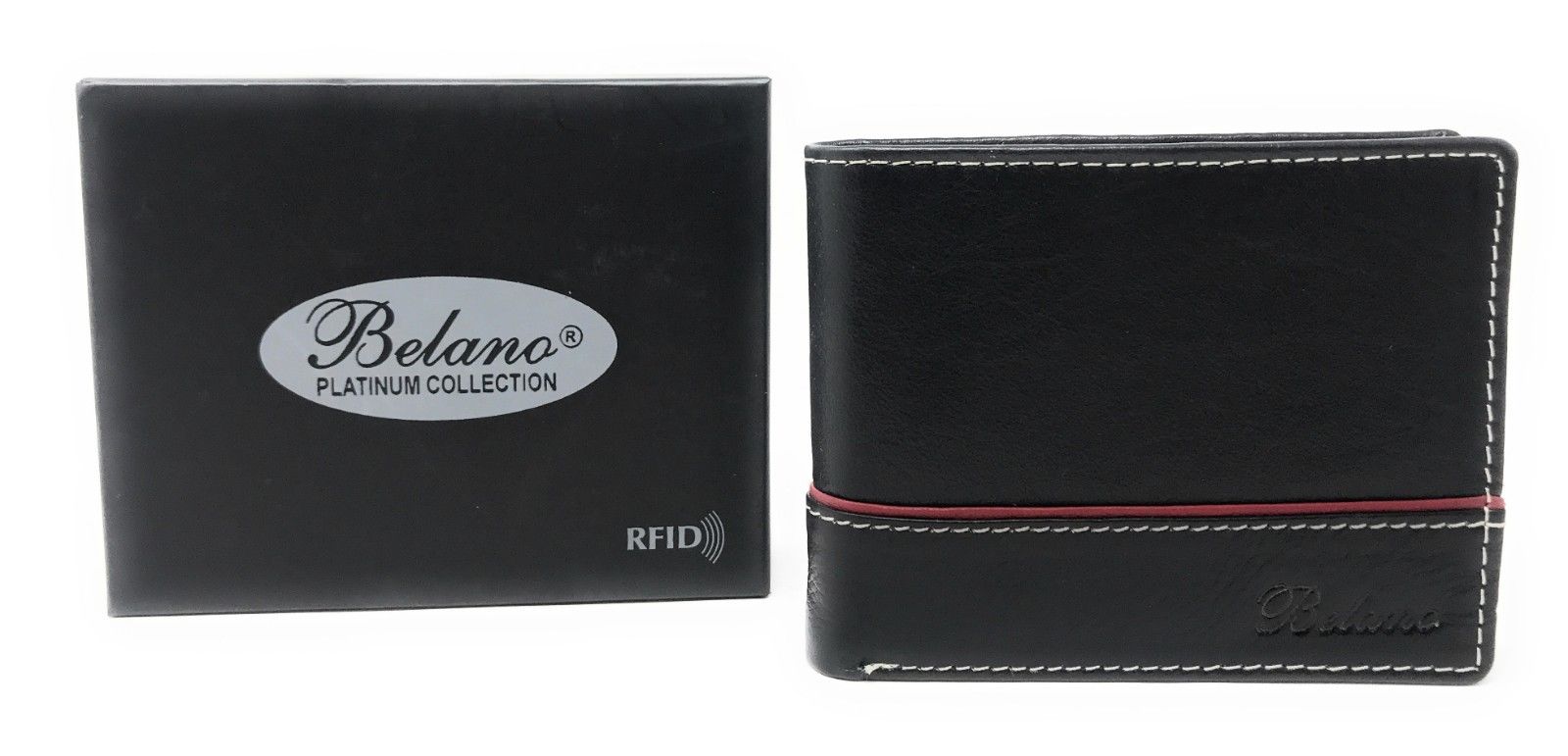Belano RFID Blocking Real Leather Bifold Wallets for Cards ID with Box Men Women-Black - White Styled Trim-