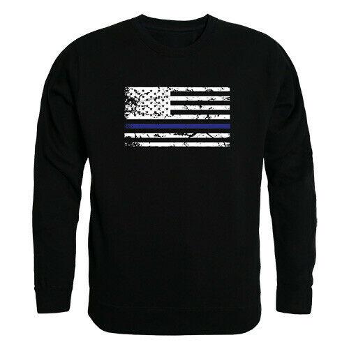 RAPDOM Tactical USA Flag Thin Blue Line Crewneck Fleece Sweatshirts-Small-Black-