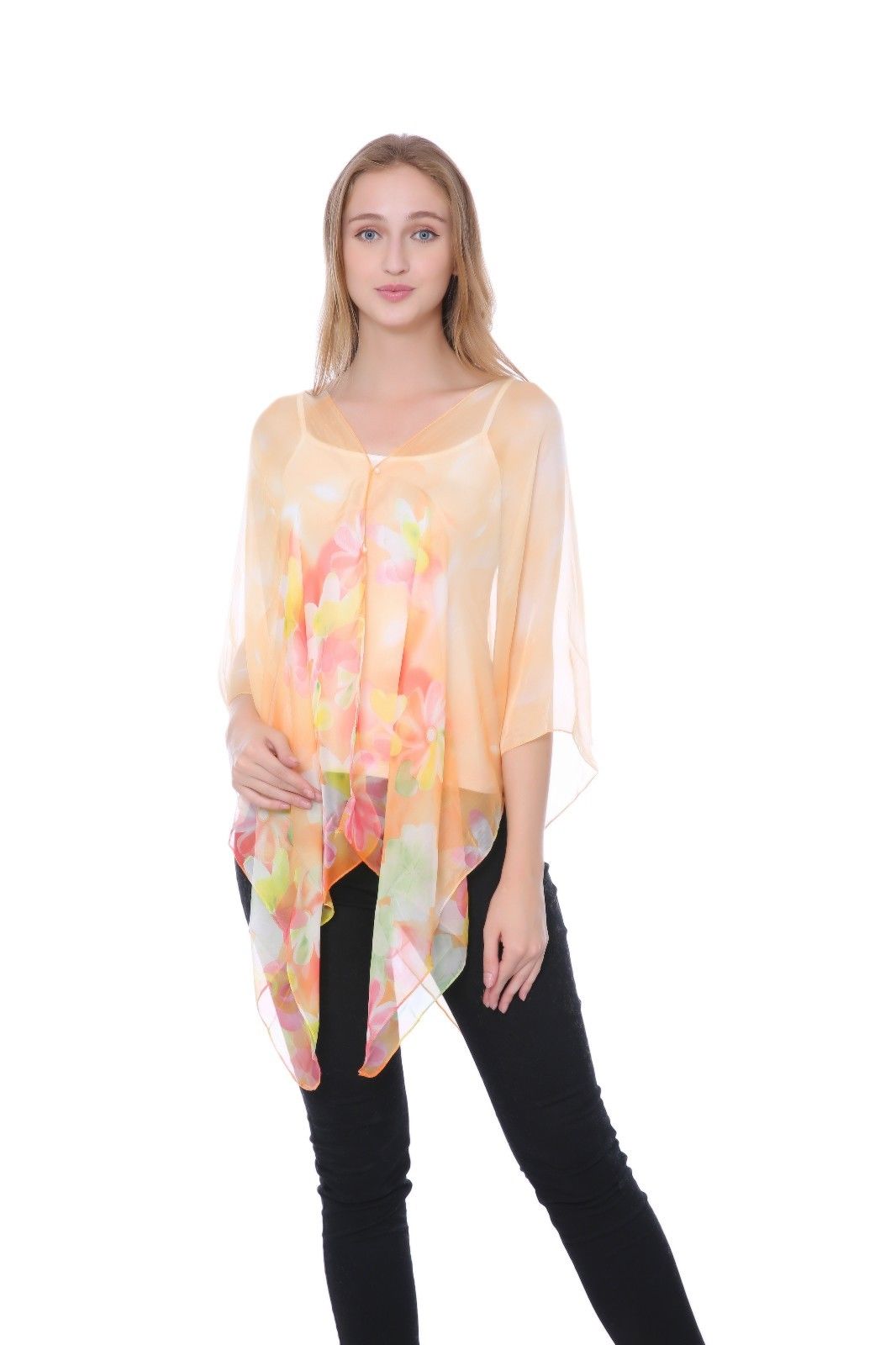 Casaba Womens Floral Sheer Poncho Top Kimono Cover Up-Chiffon Feel Light Wrap-Peach-