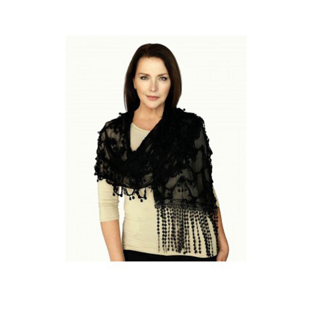 Casaba Womens Formal Lace Crochet Scarves Scarf Shawl Church Bridal Fringe Sheer-Black-