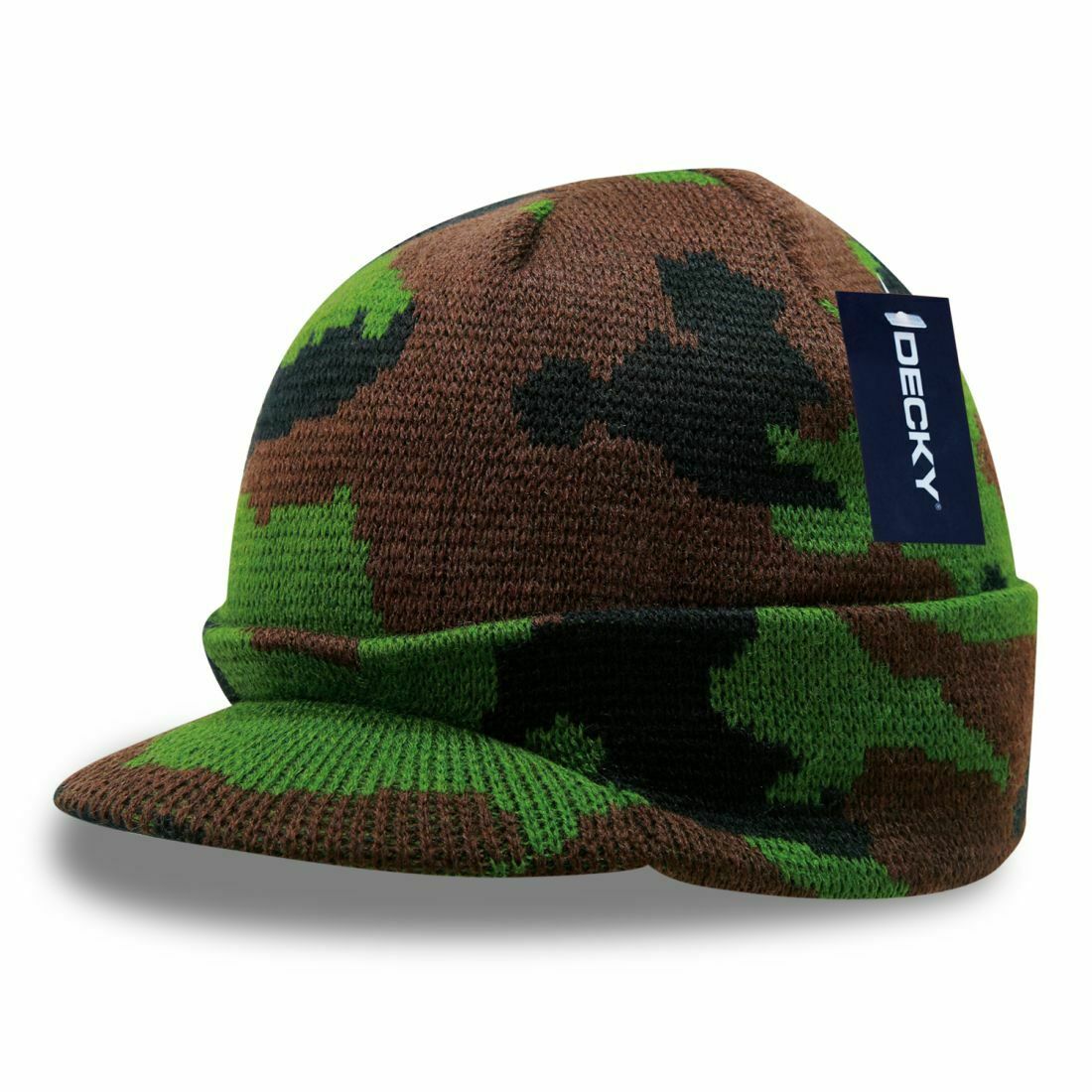 Decky Camo HybriCap Beanie Curved Visor Crocheted Thick Ribbed Warm-Woodland-