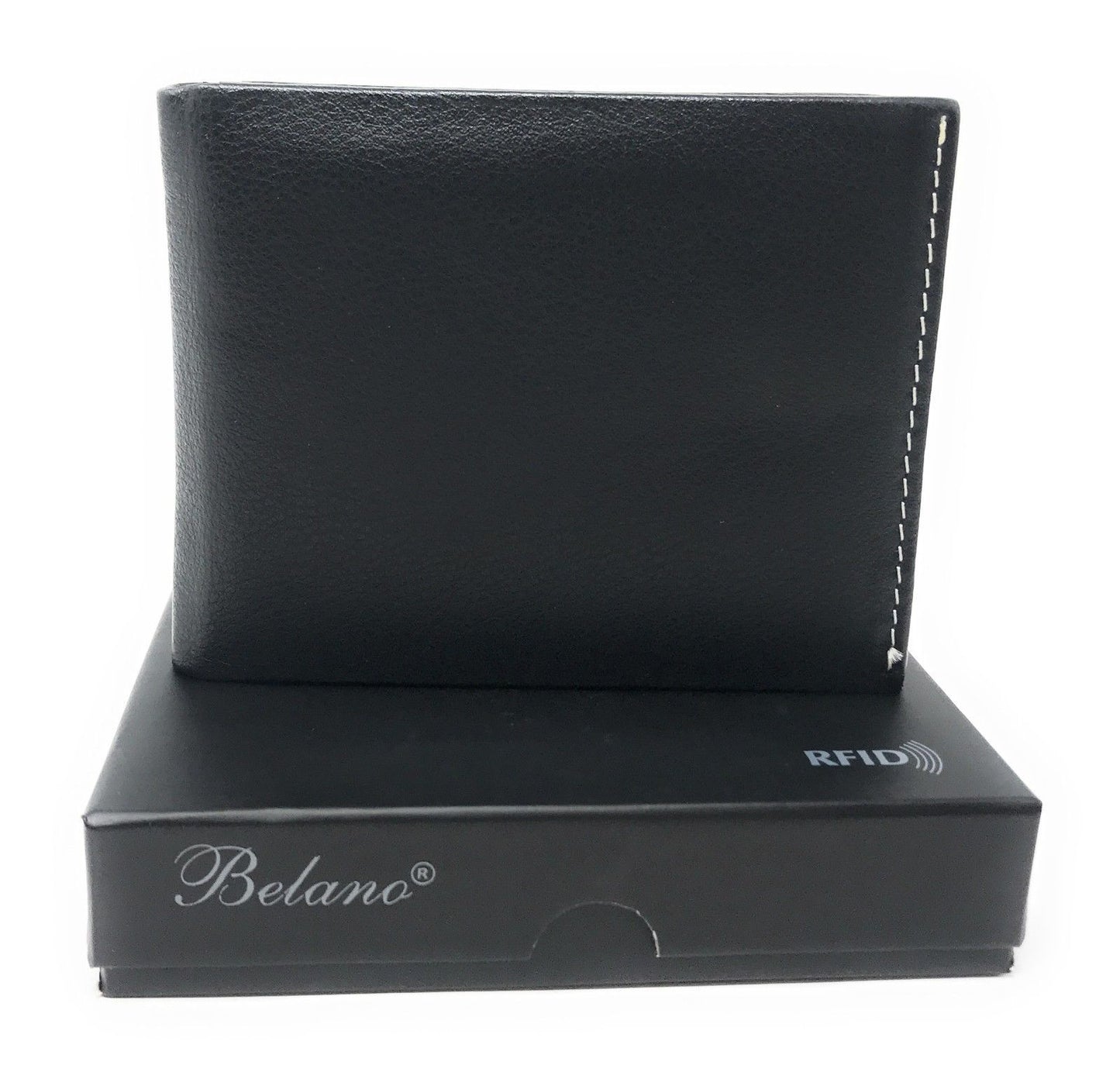 Belano RFID Blocking Real Leather Bifold Wallets for Cards ID with Box Men Women-Black - White Stitch-