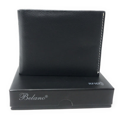 Belano RFID Blocking Real Leather Bifold Wallets for Cards ID with Box Men Women-Black - White Stitch-