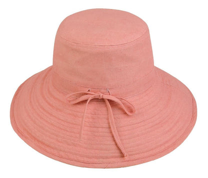 Womens Summer Sun Bucket Hats Caps Ramie Cotton Ribbon Ties Sand Salmon-Sand-