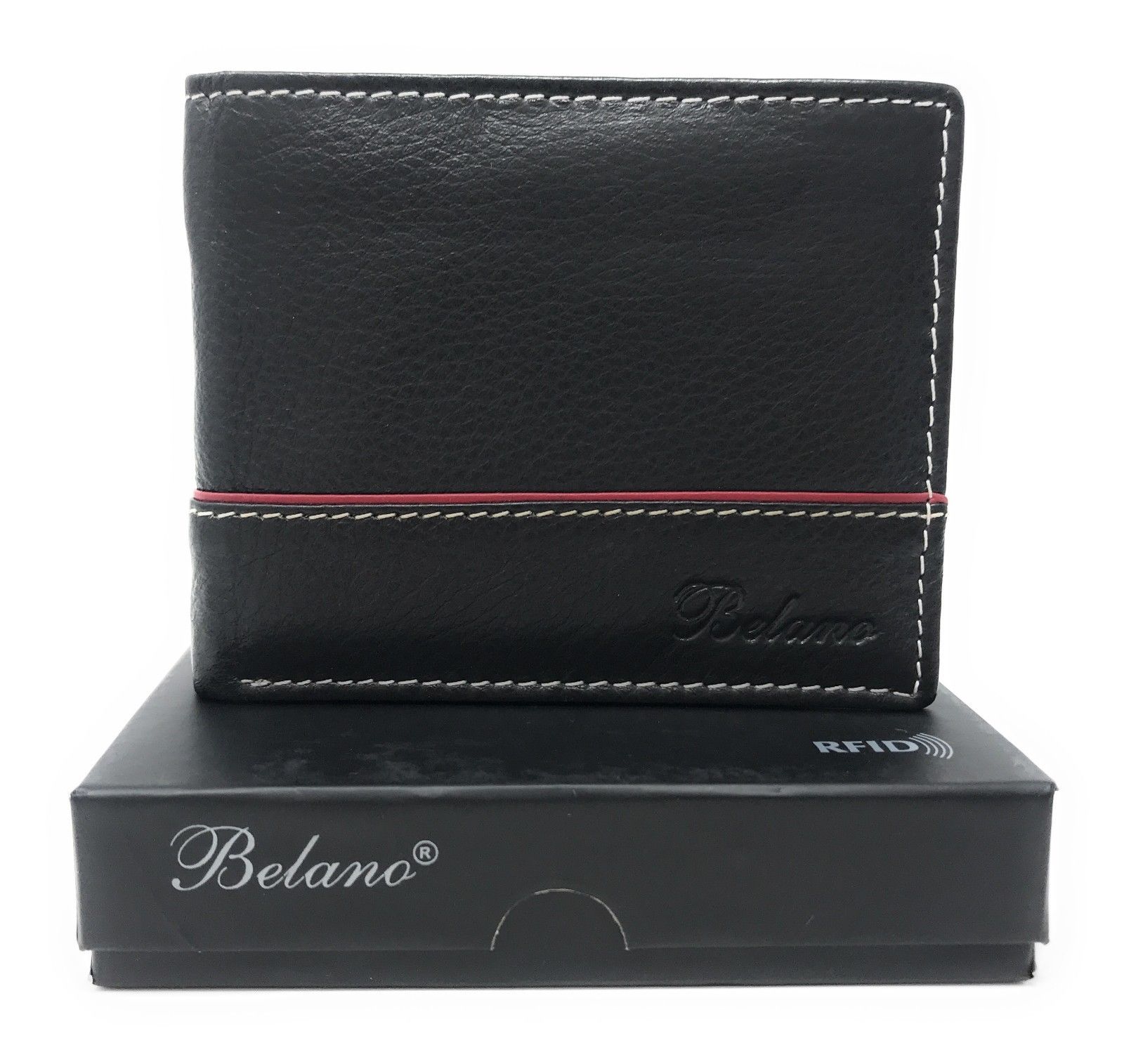 Belano RFID Blocking Real Leather Bifold Wallets for Cards ID with Box Men Women-Black - White Styled Trim-
