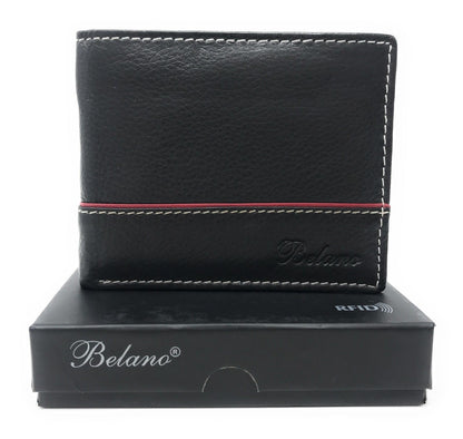 Belano RFID Blocking Real Leather Bifold Wallets for Cards ID with Box Men Women-Black - White Styled Trim-