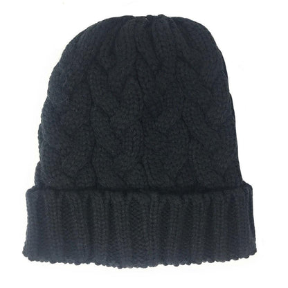 Casaba Womens Ponytail Hair Bun Hole Cuffed Beanie Toboggan Cap Hat Warm Knitted-Black-