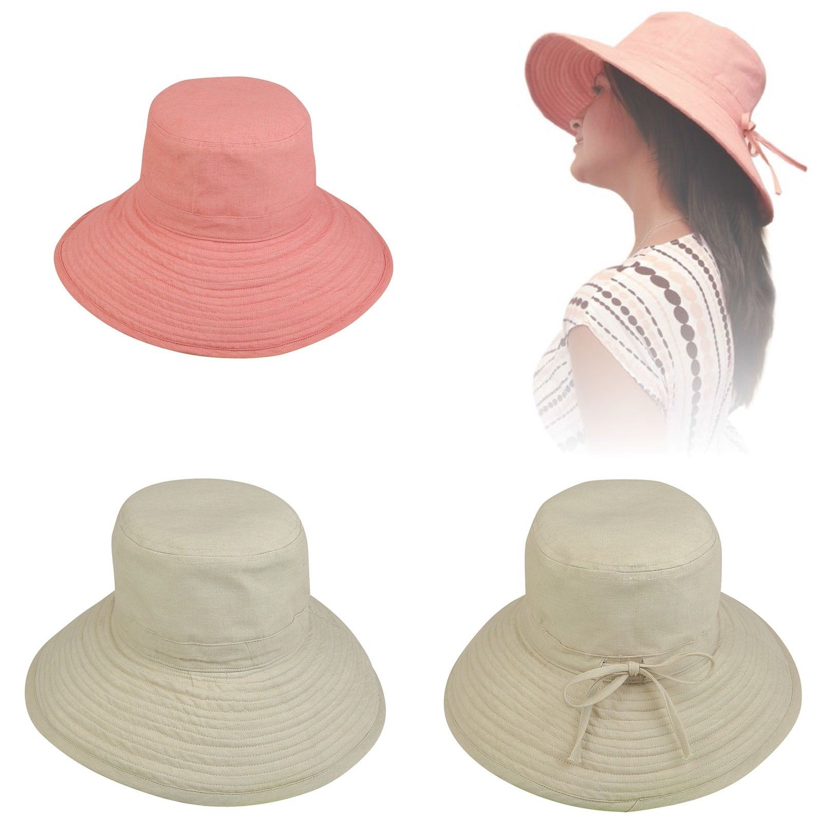 Womens Summer Sun Bucket Hats Caps Ramie Cotton Ribbon Ties Sand Salmon-Sand-
