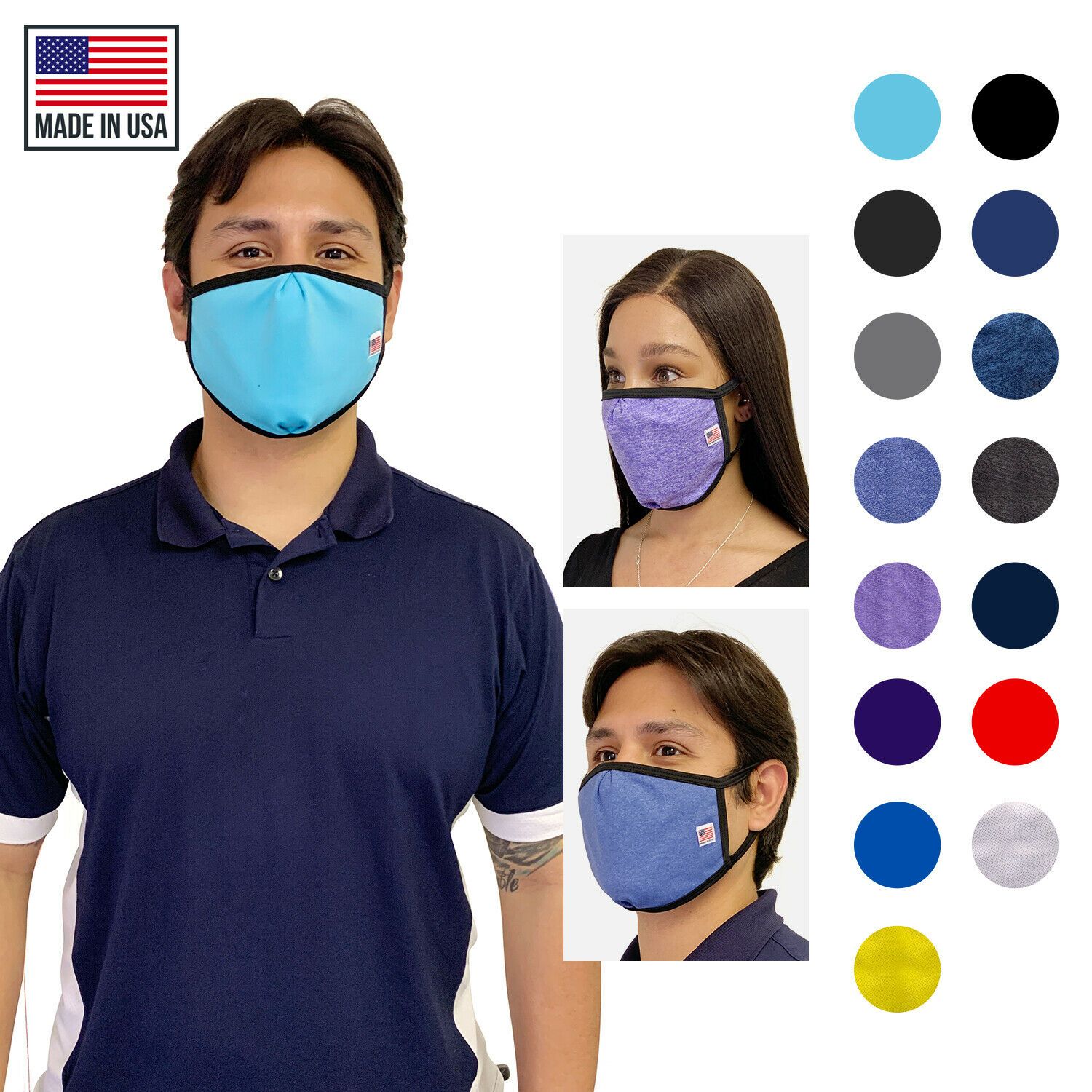Made in USA Face Masks Mouth Nose Washable Reusable Double Layer Mask Cotton Cloth Blend-Black-