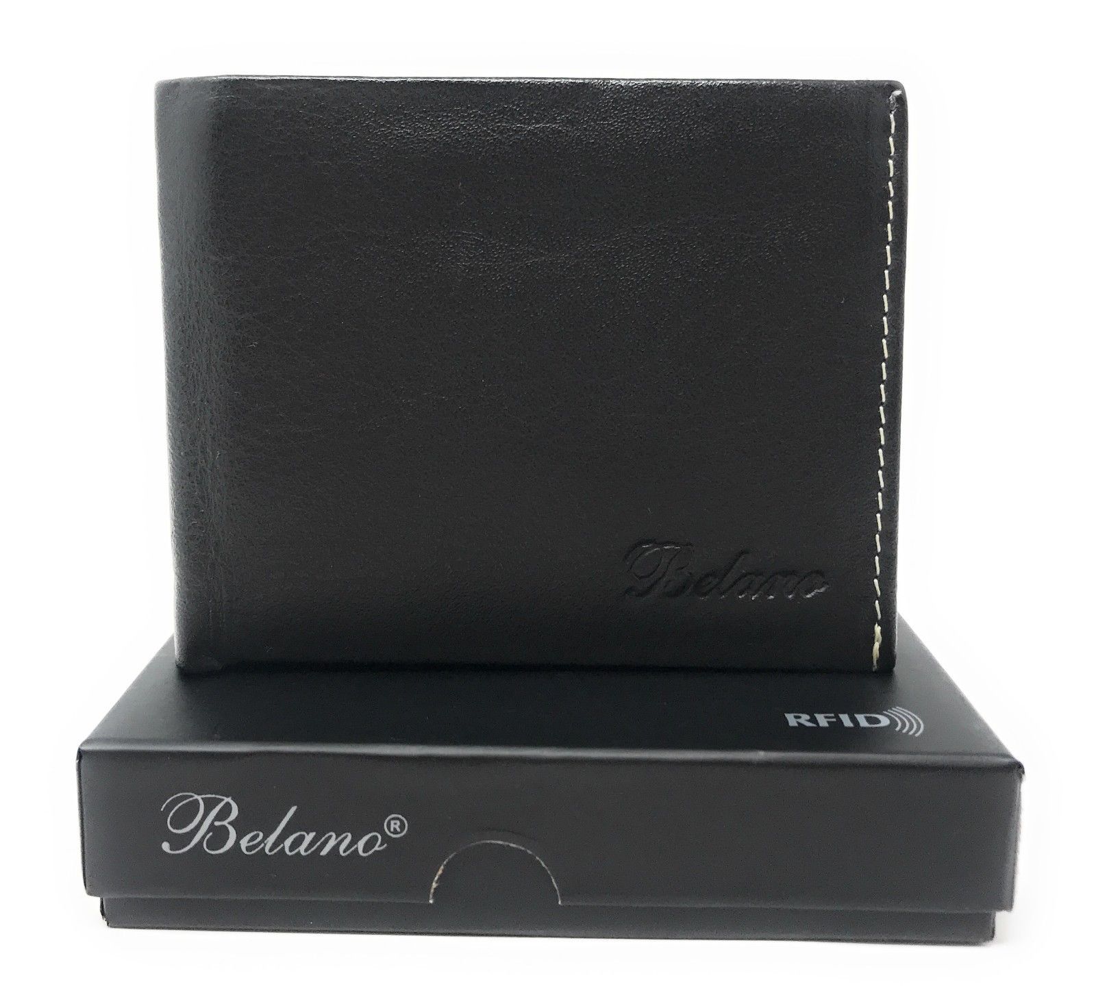 Belano RFID Blocking Real Leather Bifold Wallets for Cards ID with Box Men Women-Black - White Styled Trim-