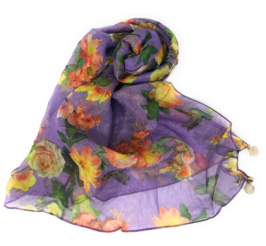 Casaba Womens Floral Birds Sheer Scarves Scarf Convertible Poncho Top Light Wrap-Purple-