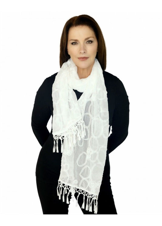 Casaba Womens Elegant Lace Scarves Scarf Shawl Formal Bridal Fringe Sheer Wrap-White-